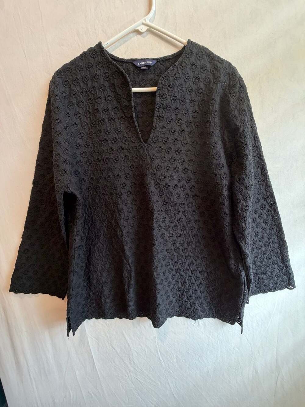 Lands' End Black Eyelet Cotton Notched Neck Long Sleeve Blouse Size L